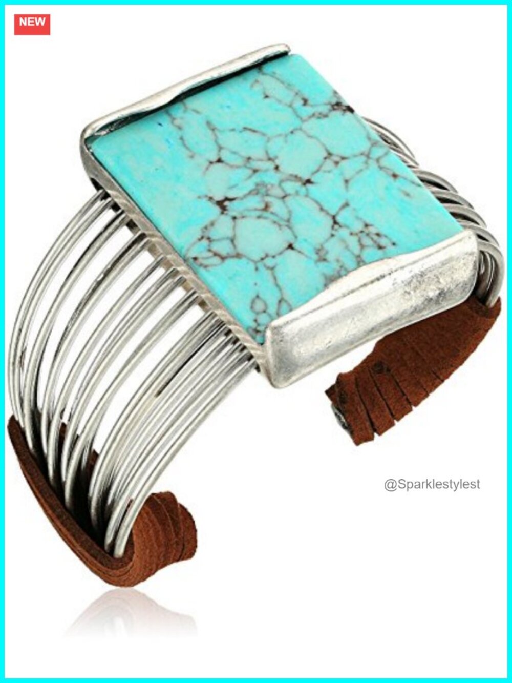 Turquoise Stone Cuff Bracelet Silver-Tone Semi-Precious Suede